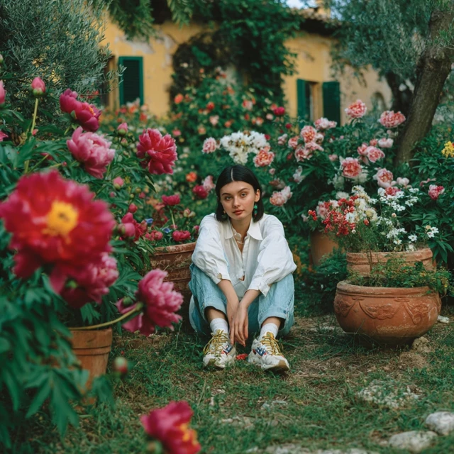 Model in Garden White Shirt and Jeans Photography