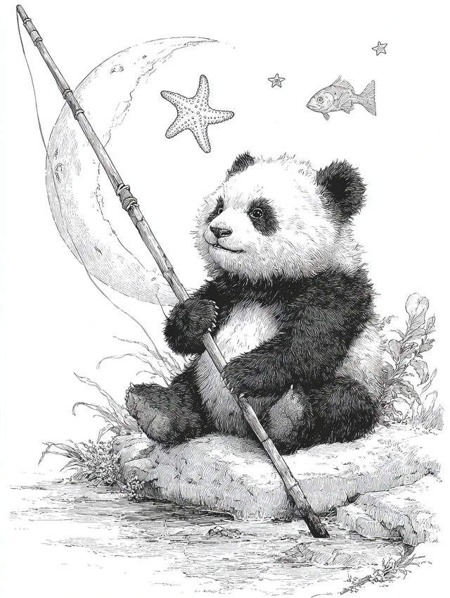 Cute Panda Fishing for Stars on the Moon Cartoon Illustration