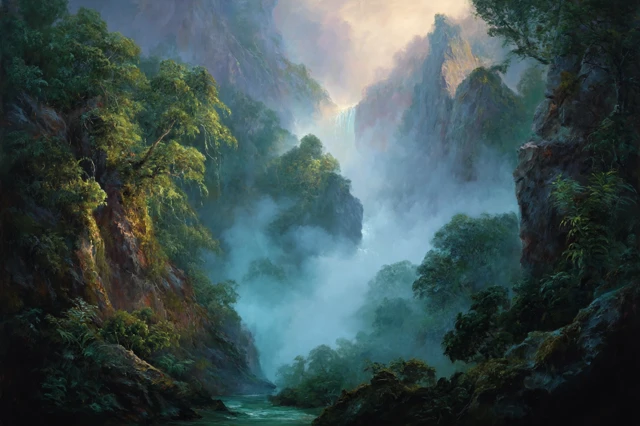 Lush Canyon Oil Painting: Waterfall in Twilight