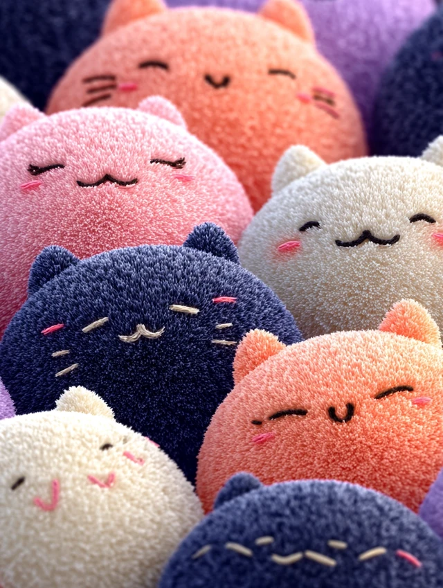 Kawaii Plush Cat Pattern - Soft and Cute Fabric Design