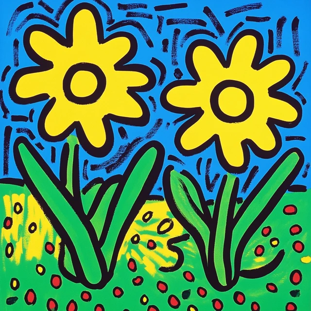 Keith Haring Flowers in Bright Blue Sky