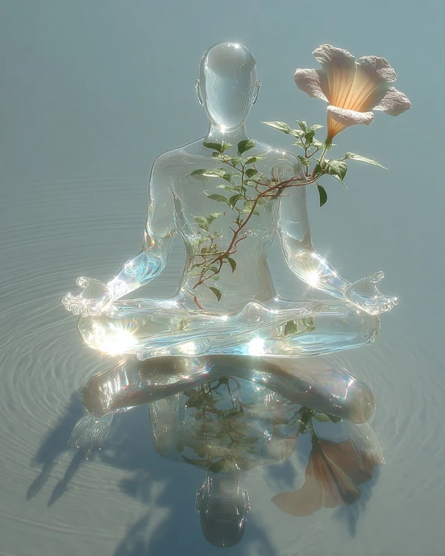 Meditative Figure Blooming Flower Serene Reflection