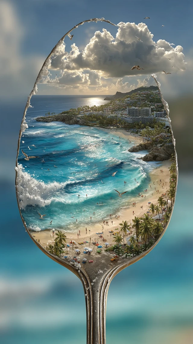 Magical Beach Scene in a Spoon Art Illustration