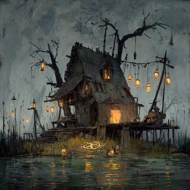 Swamp Witch Hut Dark Fantasy Art