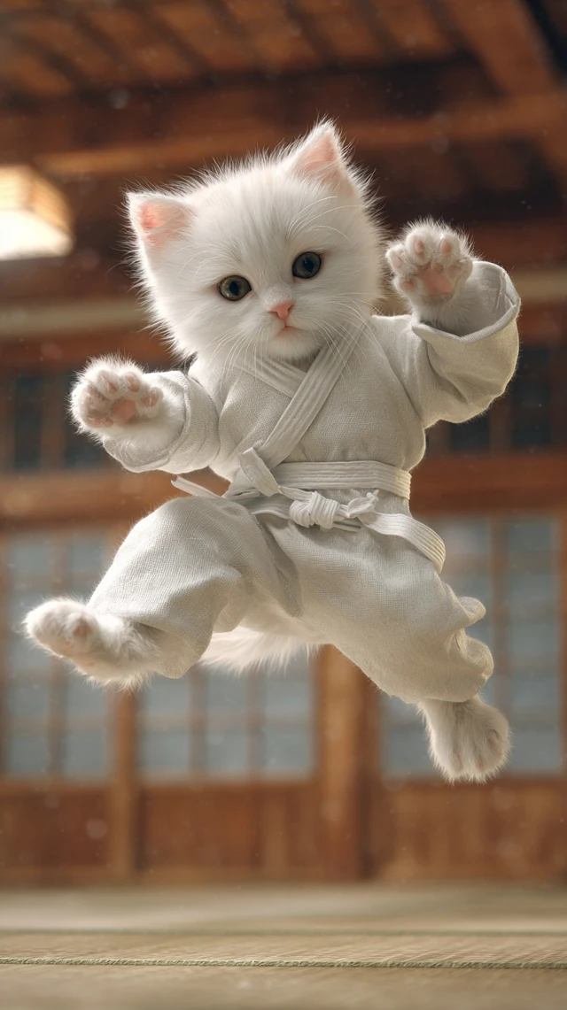 Karate Kitten Jump Kick Dojo Action Pose