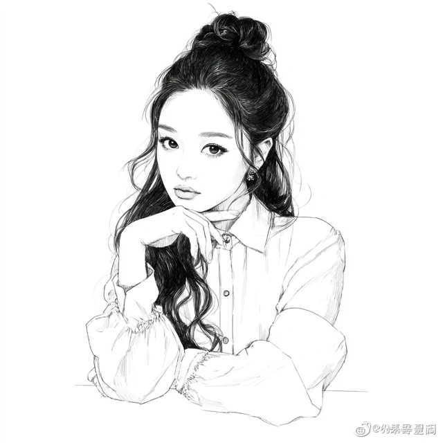 Elegant Anime Girl Line Art Illustration