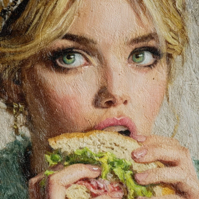 Blonde Girl Eating Hoagie Oil Painting