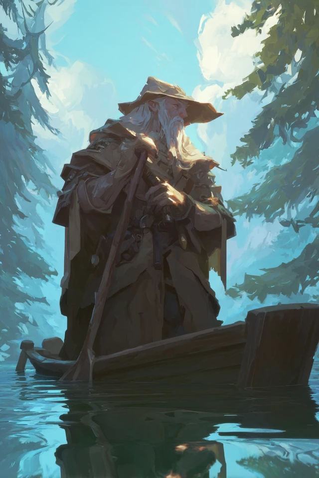 Grizzled Fisherman on Misty Lake Fantasy Art