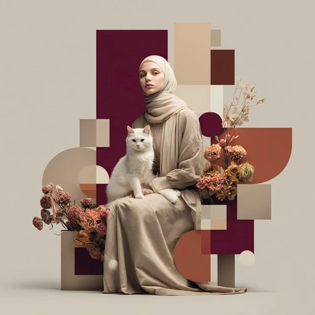 Woman in Hijab with Cat Modern Fashion Portrait