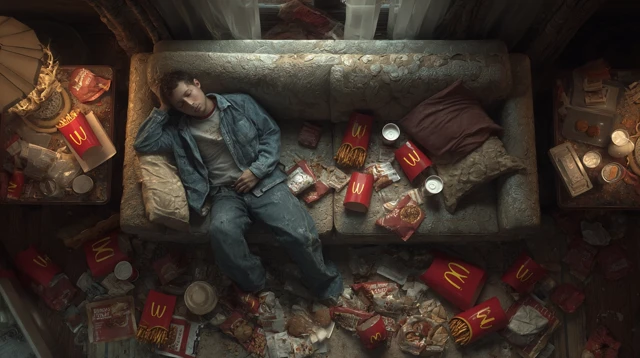 Man Sleeps on Couch Surrounded by McDonalds