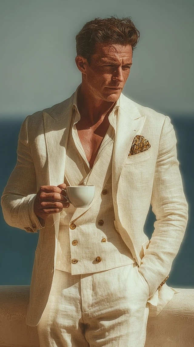 Elegant Man in Linen Suit Sipping Coffee on Balcony