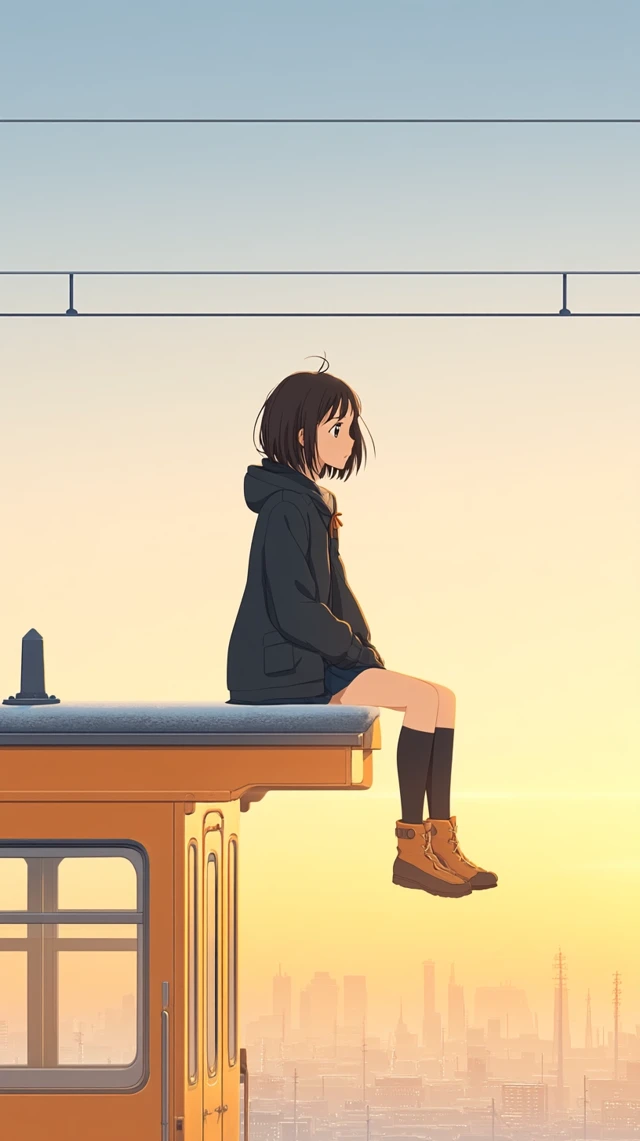 Anime Girl on Train Watching Sunset Wallpaper