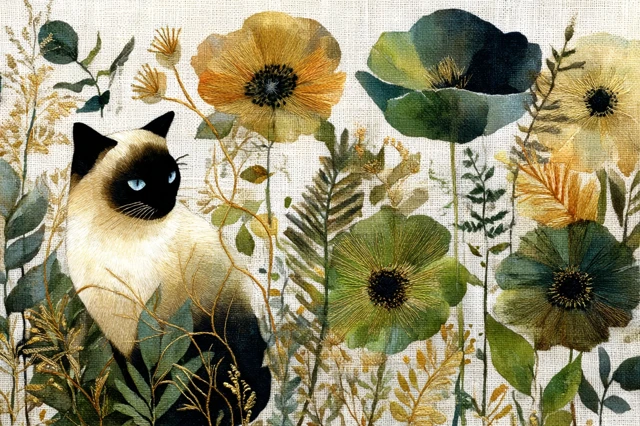 Embroidered Siamese Cat Art Nouveau Illustration