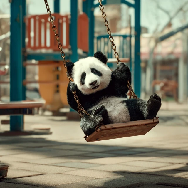 Panda on a Swing in a Childrens Park