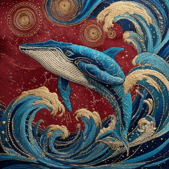 Embroidered Whale in Cosmic Ocean Art