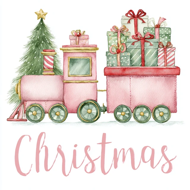 Christmas Watercolor Train Gifts Candy Canes