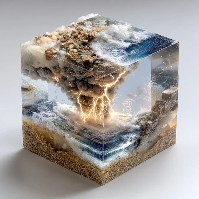 Tornado with Lightning in a Cube Ocean Waves and Sand