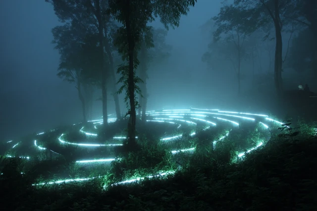Glowing Circuit Maze in a Jungle Fog