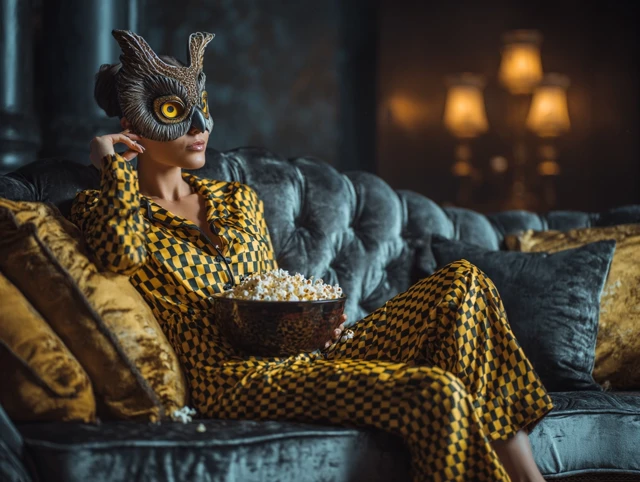 Glamorous Woman in Owl Mask, Dark Fantasy Scene