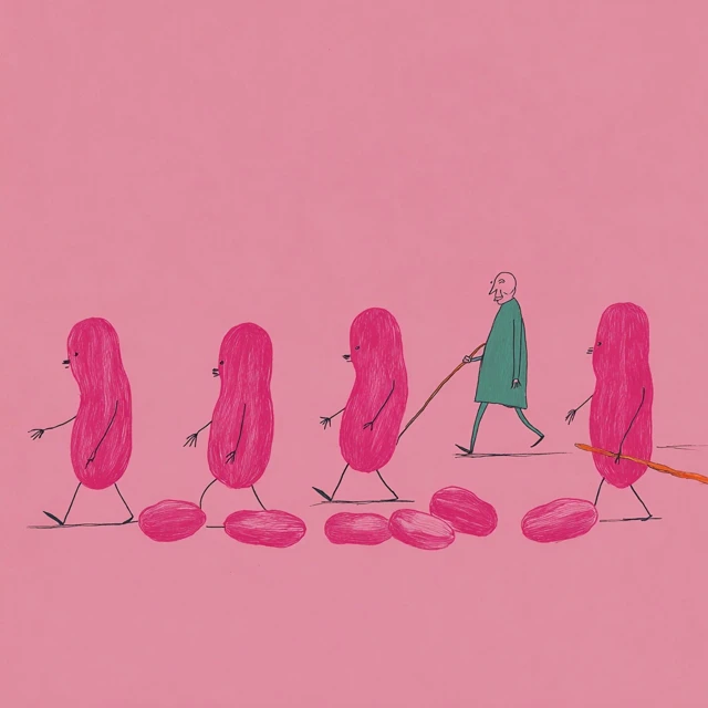 Anthropomorphic Pink Peanuts Walking with Stick