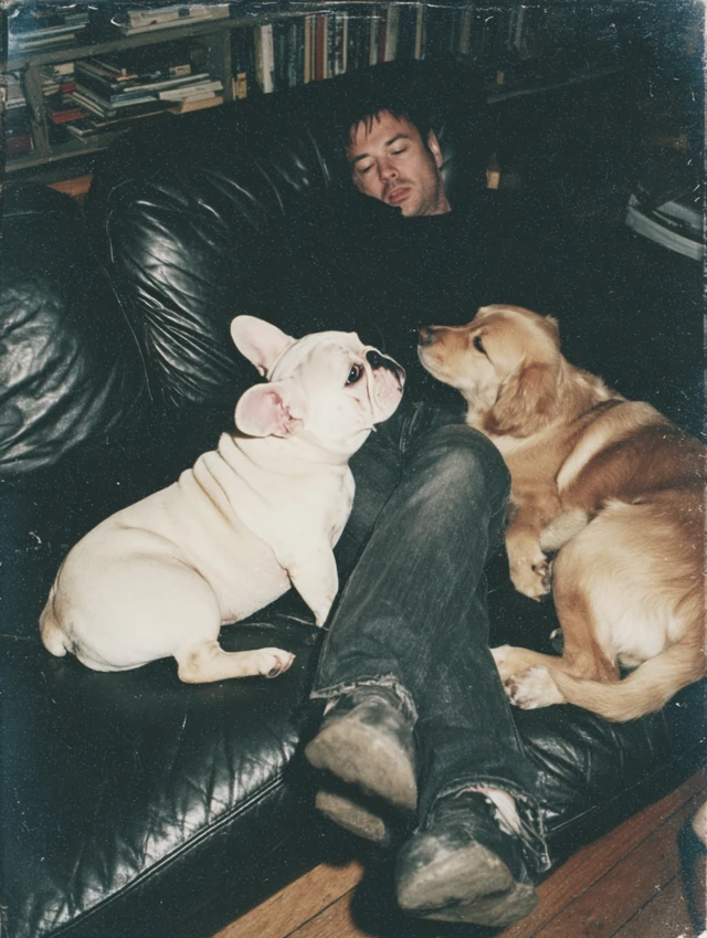 Man Relaxing on Couch with Dogs Vintage Photo