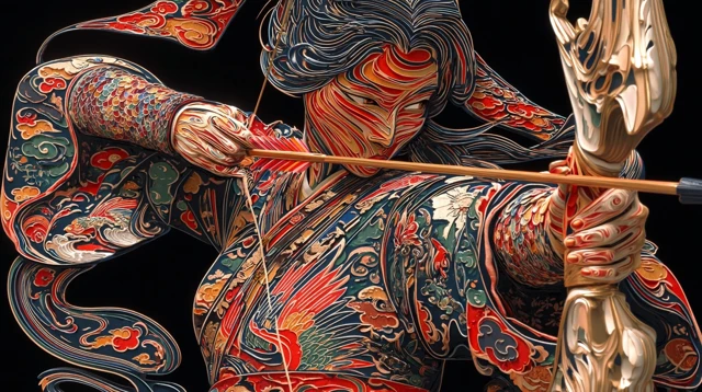 Japanese Archer Illustration: Phoenix Robe and Golden Bow