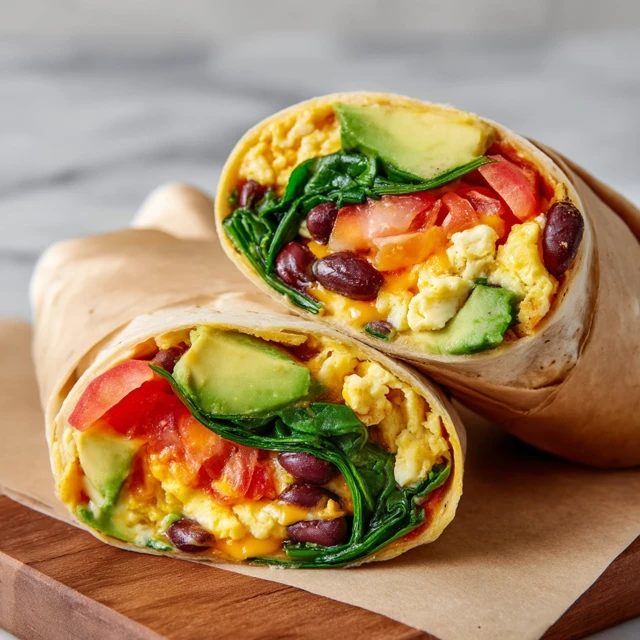 Breakfast Burrito with Avocado Eggs Tomato Spinach Beans