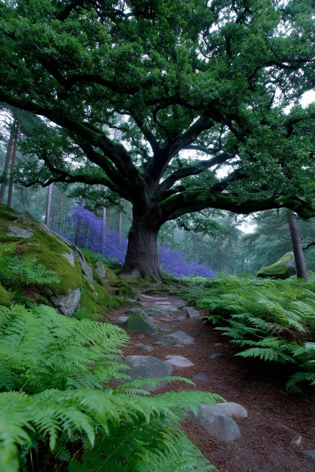 Ancient Oak Tree in Mystical Forest Landscape