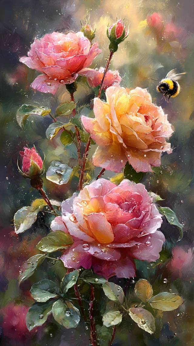 Watercolor Rose Bush Sunset Dreamy Art