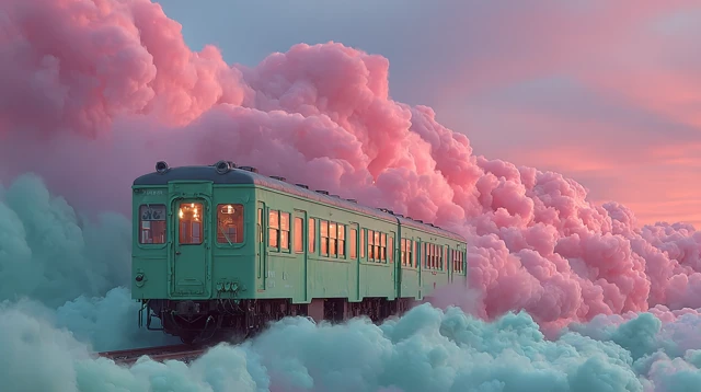 Dreamy Train in Cotton Candy Clouds Surreal Art