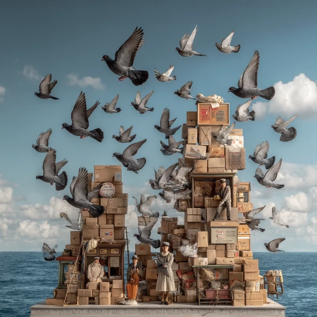 Wes Anderson Inspired Delivery Town with Pigeons