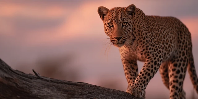 African Leopard Walking Across Branch Golden Hour