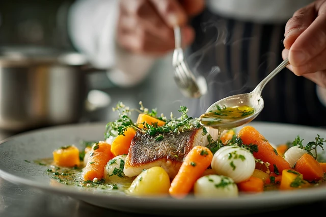 Chef Plating Fish Fillet with Fresh Vegetables