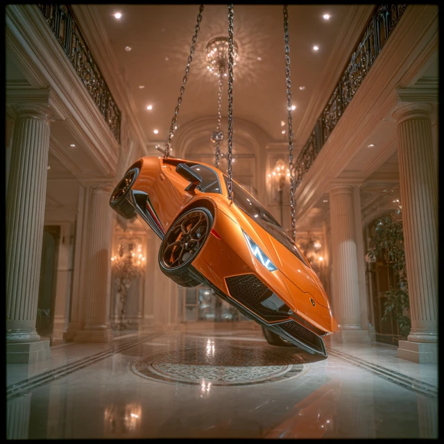Luxury Mansion Foyer with Upside Down Lamborghini