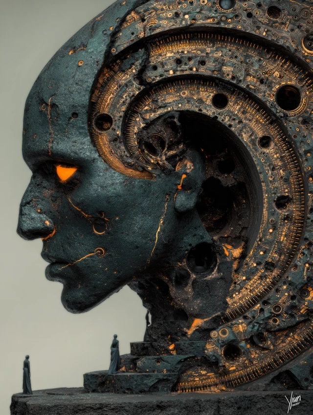Surreal Cyborg Head Stone Sculpture Art