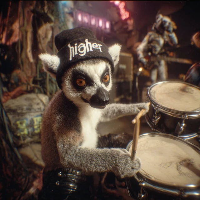 Anthropomorphic Lemur Drummer 90s Music Video