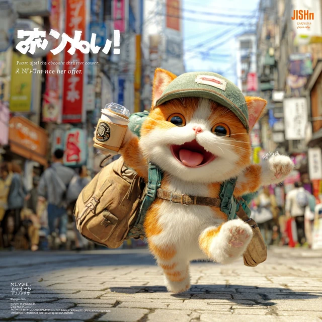 Cute Cat Running in Tokyo Anime Style