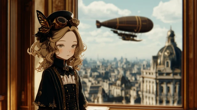 Steampunk Girl Anime Illustration with City and Airship