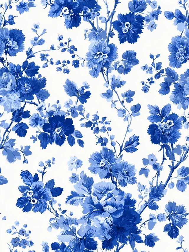 Victorian Floral Pattern Blue and White Wallpaper Design