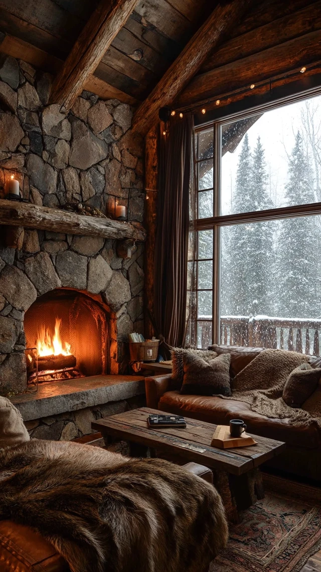 Cozy Winter Log Cabin Living Room Fireplace Snow