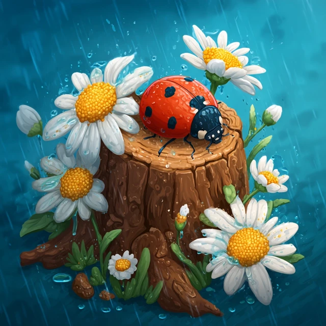 Ladybug on Stump and Daisies Cartoon Art