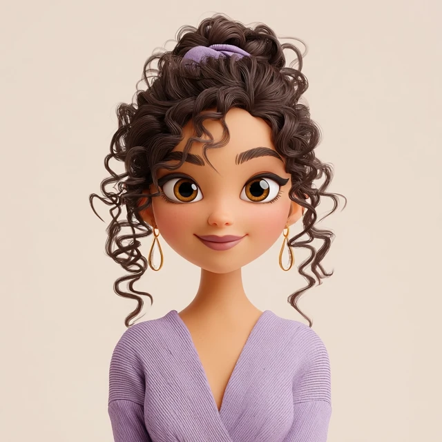 3D Cartoon Portrait: Curly-Haired Woman in Lavender