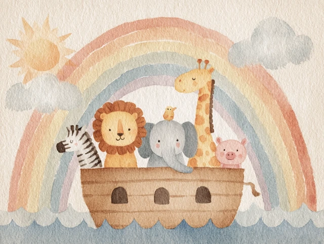 Noahs Ark Watercolor Painting with Animals and Rainbow