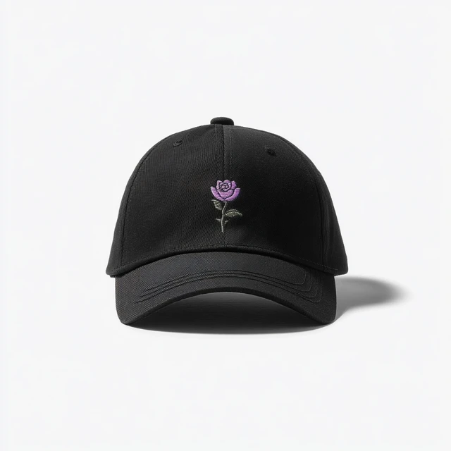 Black Baseball Cap with Embroidered Rose - Stylish and Modern