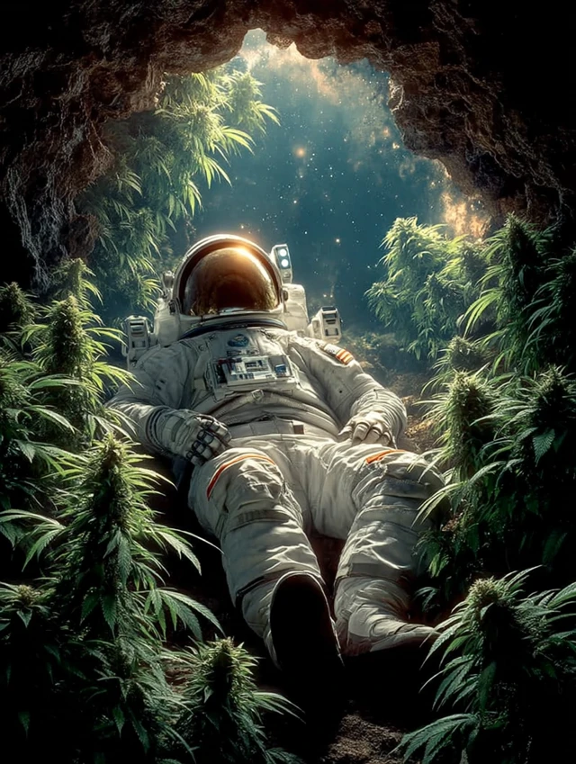 Astronaut in Space with Cannabis Plants