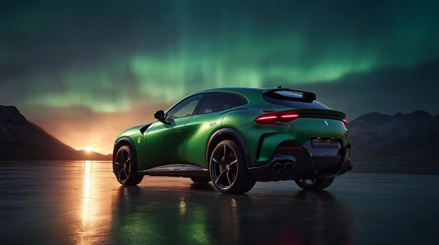 Emerald Ferrari Purosangue SUV Under Aurora Borealis