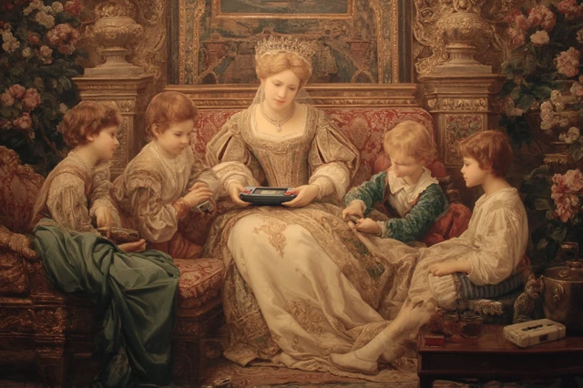 Renaissance Mother Playing Game Boy with Children