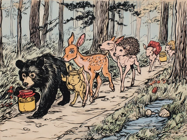 Animals Procession Through Misty Woods Illustration