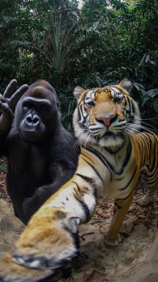 Gorilla and Tiger Peace Sign Jungle Selfie