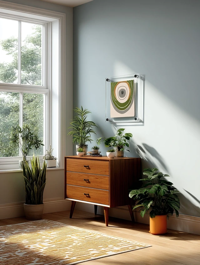 Brightly Lit Room with Floating Frame and Plants